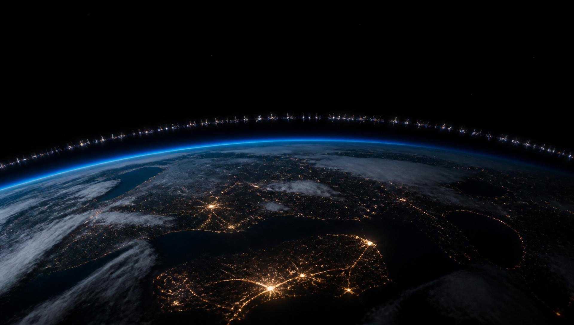 Vista da Terra do espaço com satélites em órbita baixa